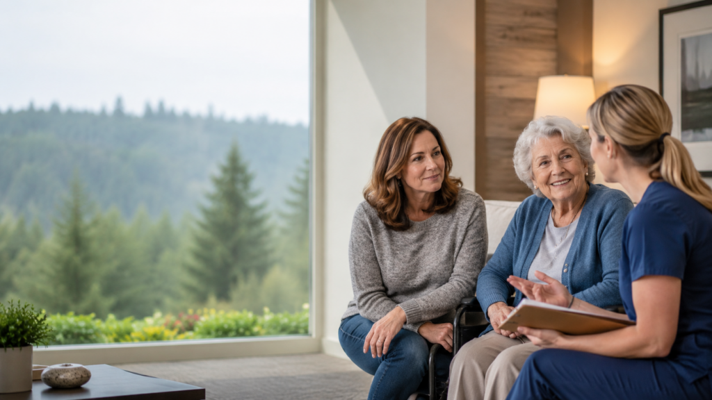 adult child with parent getting consulting about hospital discharge