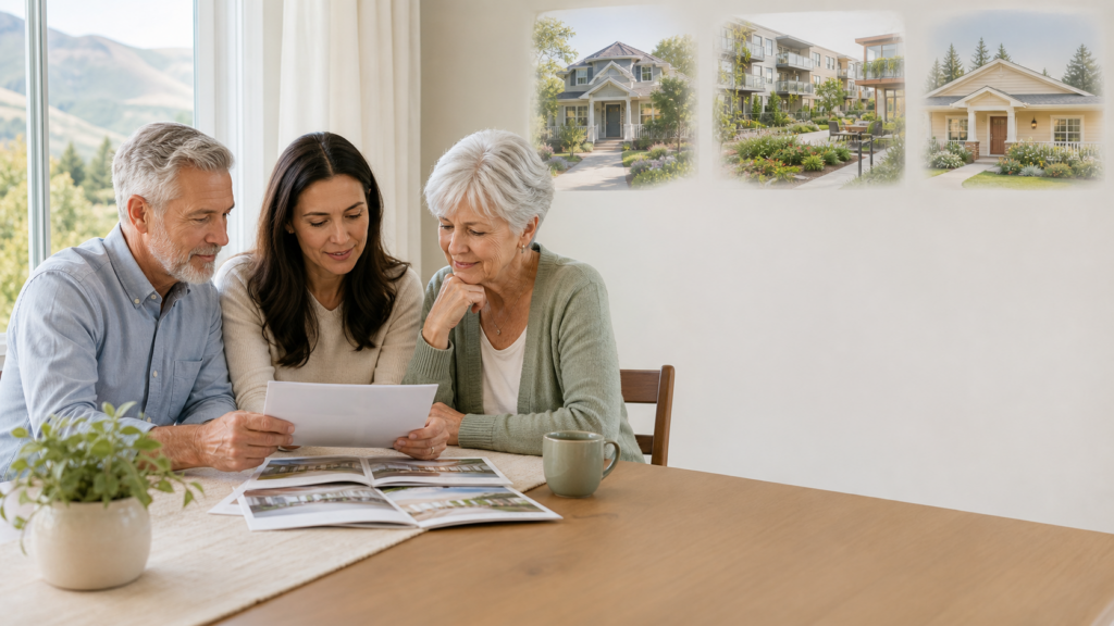 Older couple and adult daughter review senior living options at a dining table.
