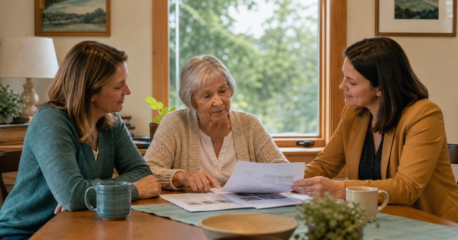 An older adult, family member, and senior care advisor review adult foster home options together at a table.